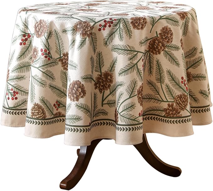 ISAENNE Designer Christmas Beige Linen Round Tablecloth, Pinecones Pattern by Isaennehomedecoration