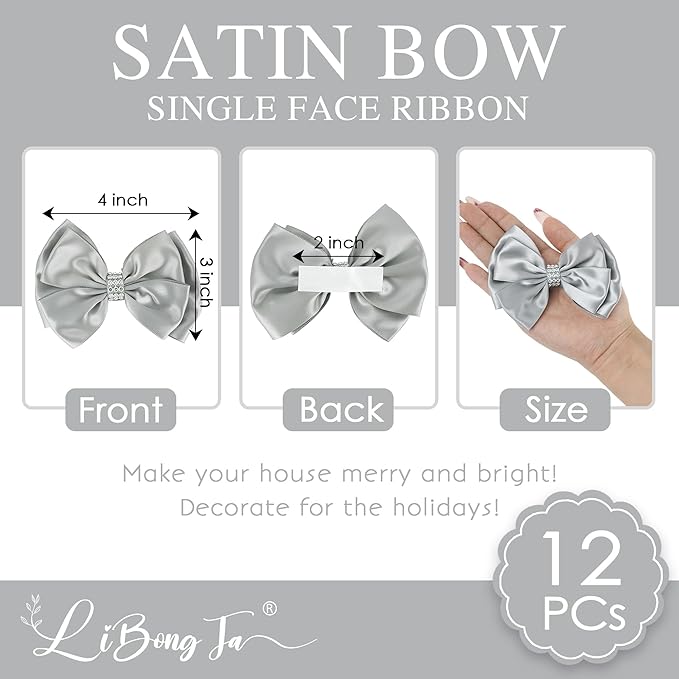 Silver Satin Bows 4'' Premade Ribbon Bow, Wrapping Bows - Image 2
