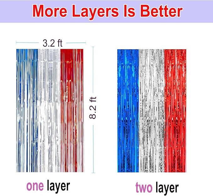 4th of July Decorations- 4 Pack of 3.2x8.2ft Red Silver Blue Tinsel Foil Fringe - Image 6