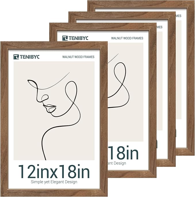 12x18 Frame Set of 4, Walnut Wood & HD Tempered Glass, 12x18 Poster Picture by TENiBYC