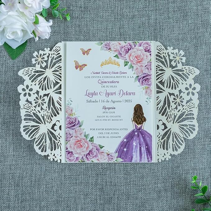 20 PCS 5.12x7.2 Butterfly Quinceanera Invitation, Laser Cut Wedding Invitation - Image 8