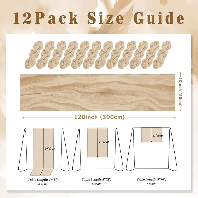 Sand 12 Pack 10FT Cheesecloth Table Runner 20 x 120 Inch Long Rustic Gauze - Image 2