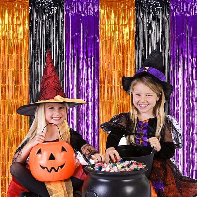 TONIFUL 2Pcs Orange Purple Black Metallic Tinsel Foil Fringe Curtains, 3.28ft x - Image 3