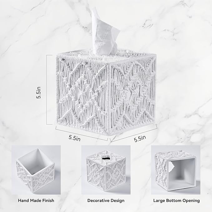 White Woven Macrame Boho Tissue Box Cover Square - Image 2