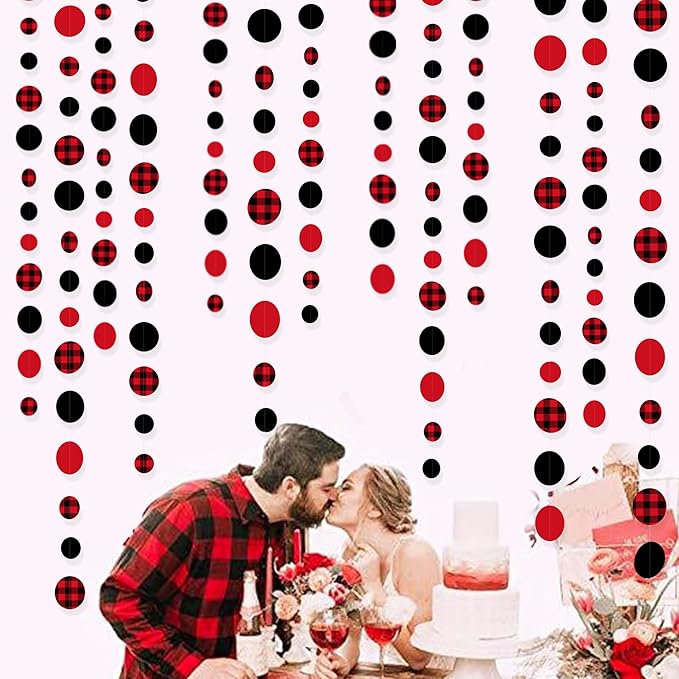 46Ft Buffalo Plaid Polka Dot Garlands Black Red Checkered Paper Circle Dot - Image 5