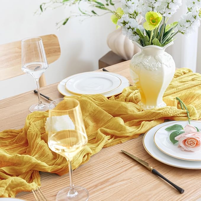 Asee'm 2pcs Cheesecloth Table Runner 120 Inches Long Gold Boho Gauze Cheese - Image 5
