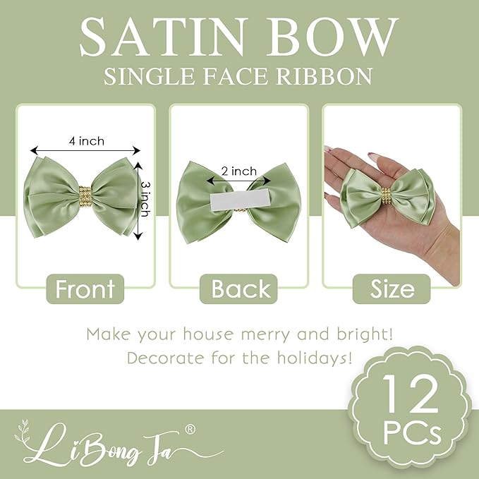 Sage Green Bows 4'' Premade Satin Ribbon Bow, Gift Bows - Image 2