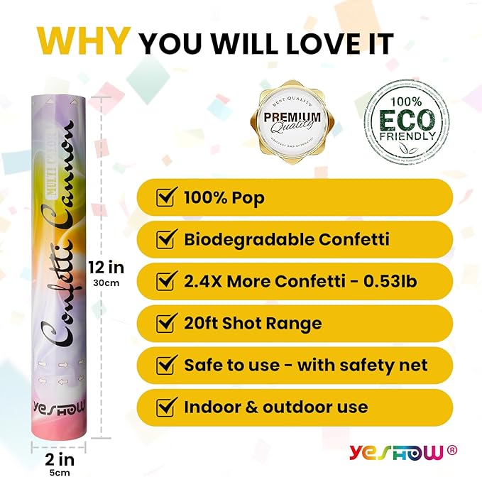 Confetti Cannon Party Poppers Biodegradable Shooters, YESHOW Multicolor - Image 3