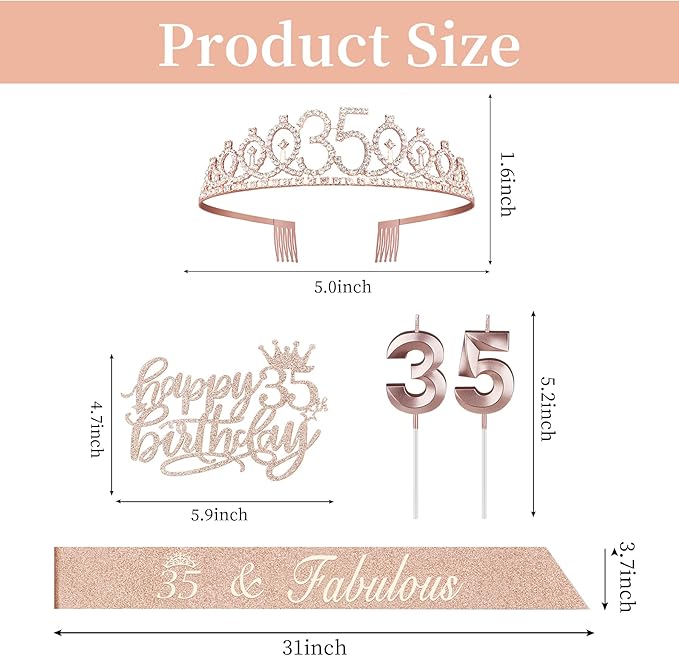 35th Birthday Decorations for Women Including Sash, Tiara/Crown, Numeral - Image 3