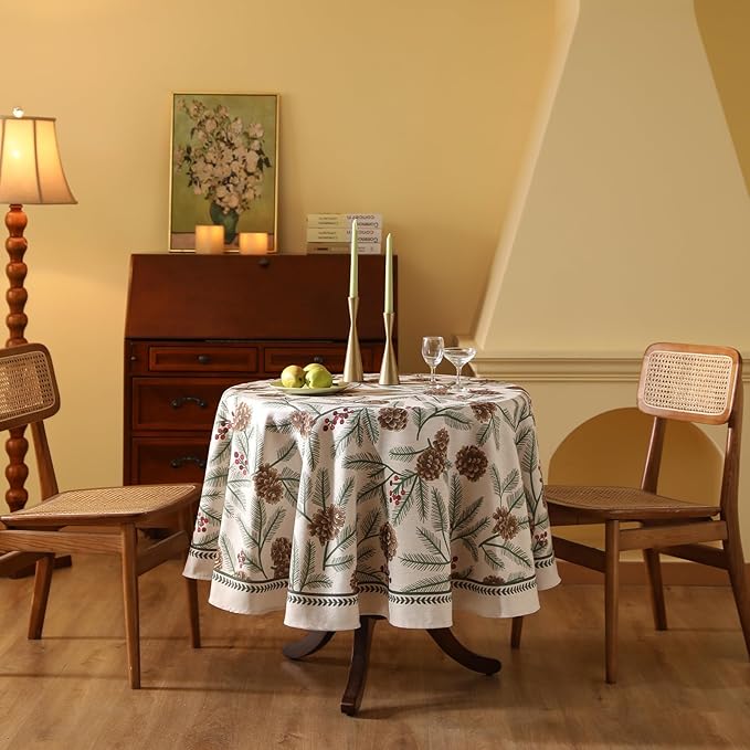 ISAENNE Designer Christmas Beige Linen Round Tablecloth, Pinecones Pattern - Image 2