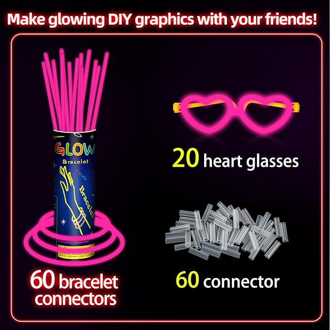 60 Pack 8” Pink Glow Sticks Bulk Bright Glow Sticks - Image 2