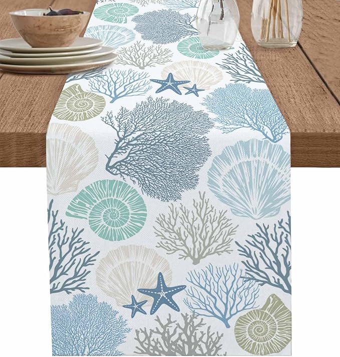 Coastal Coral Cotton Linen Table Runner by Unknown
