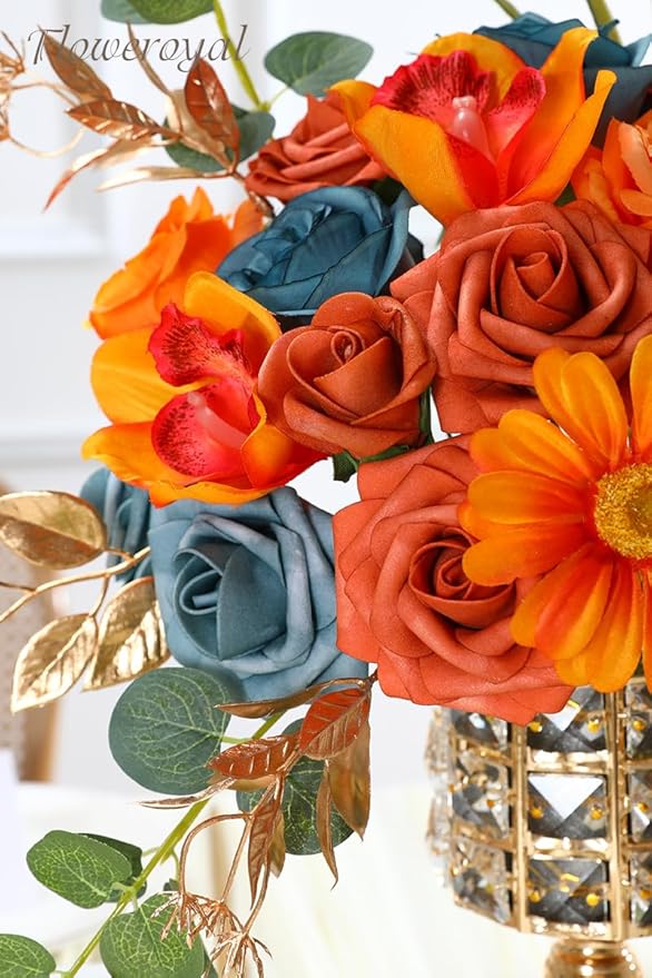 Floweroyal Artificial Flowers Combo Orange Flowers Mix Silk Flowers Fake Roses - Image 2
