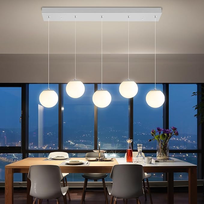 5-Lights Globe Pendant Light for Kitchen Island H 98" Silver Rectangle - Image 5