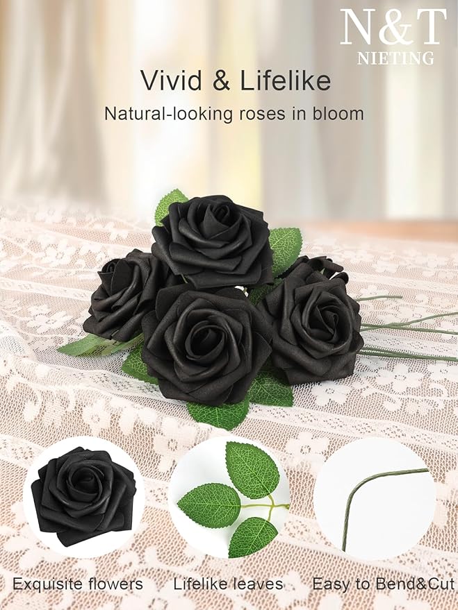 N&T NIETING Artificial Flowers Black Rose 50pcs Real Touch Flowers Perfect - Image 7