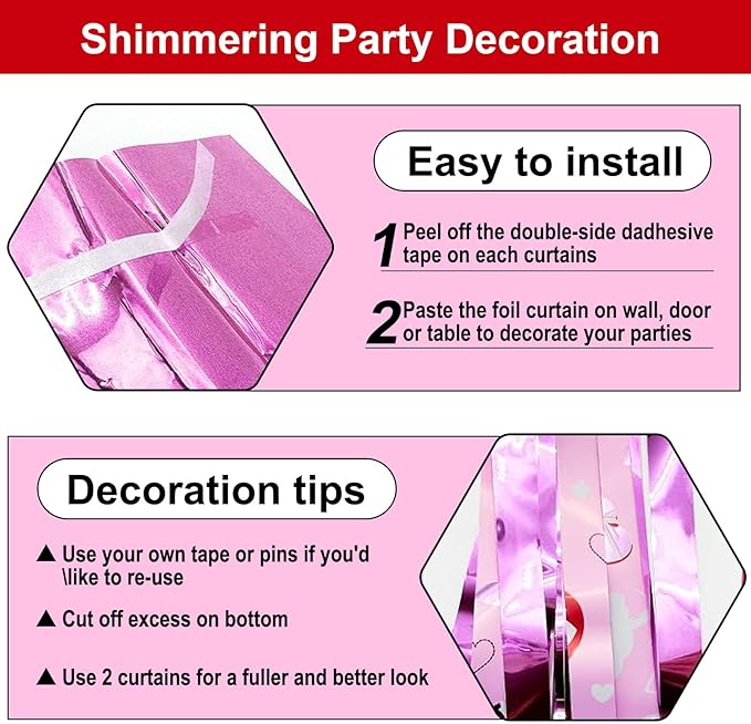 4 Pack Love Pink Wave Foil Fringe Curtain Backdrop, 3.28Ft x 8.2Ft Metallic - Image 3