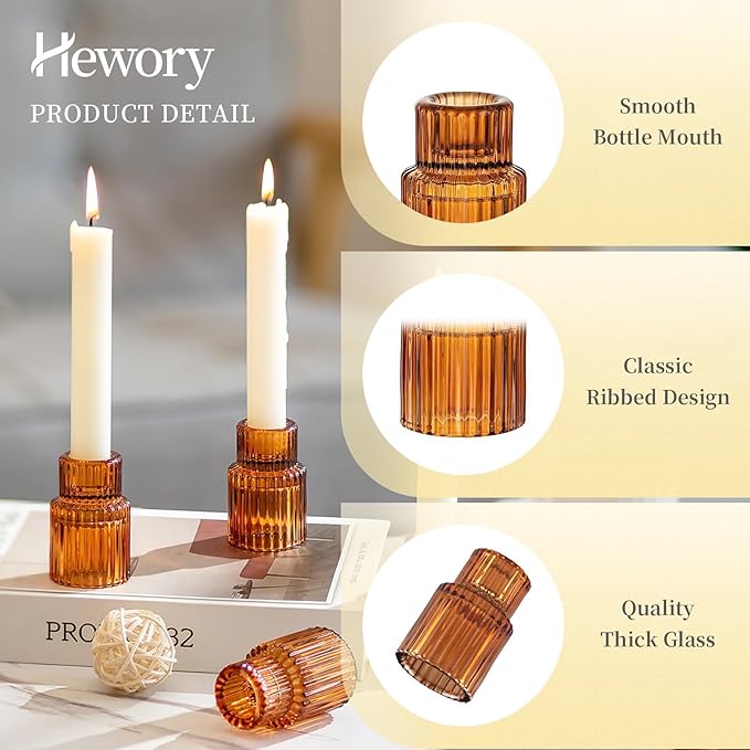 Hewory Glass Taper Candle Holders: 20 PCS Amber Elegant Candle Holder - Image 5