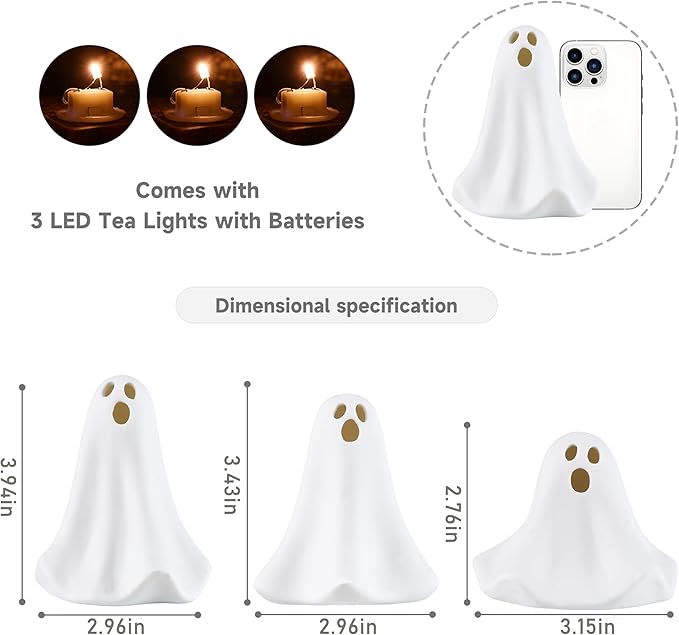 Ceramic Ghost Decor, Battery Powered White Mini Ghost Figurines - Image 6