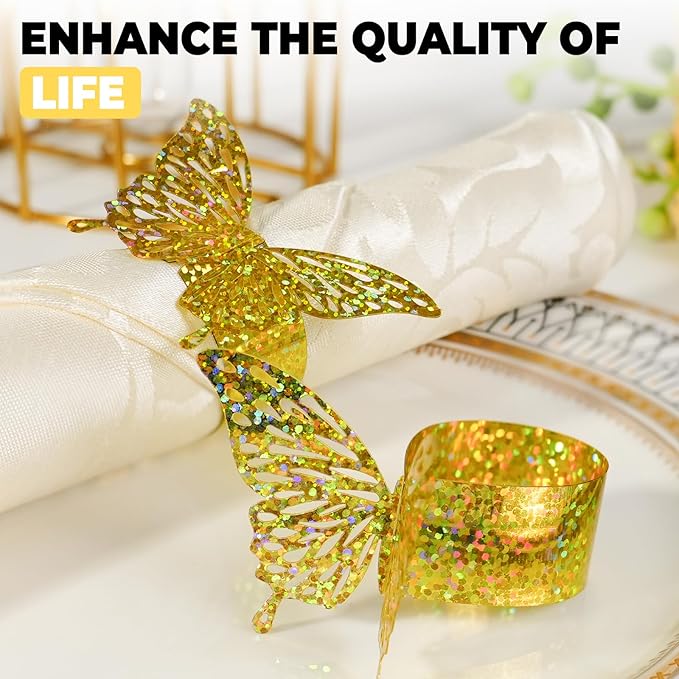 100 Pcs 3D Gold Butterfly Iridescent Napkin Rings Silverware Wraps Bands - Image 4