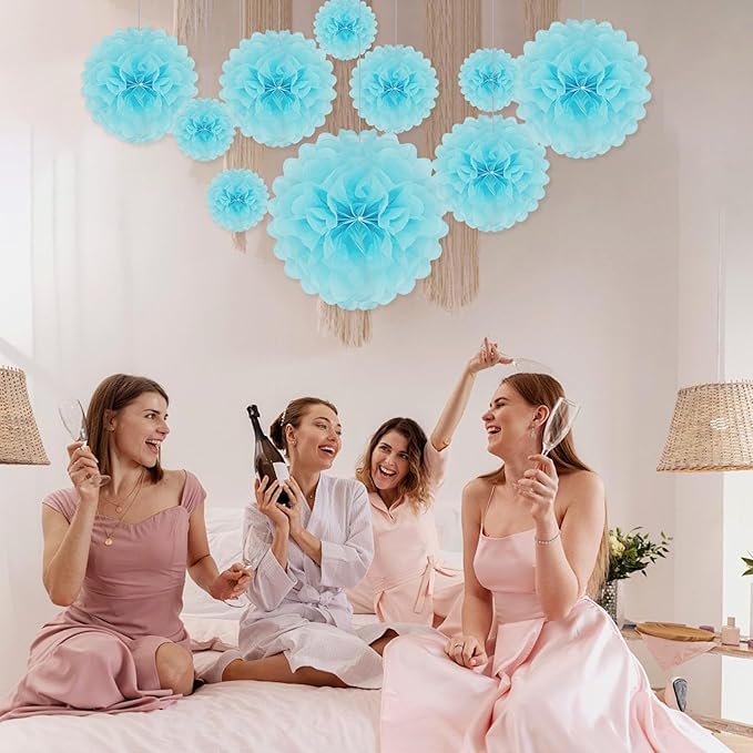 Tissue Paper Pom Poms, Light Blue Tissue Paper Flowers, Hanging Flower Balls - Image 4