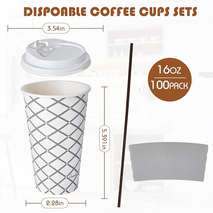 LITOPAK 100 Pack 16 oz Paper Coffee Cups, Disposable Coffee Cups - Image 2