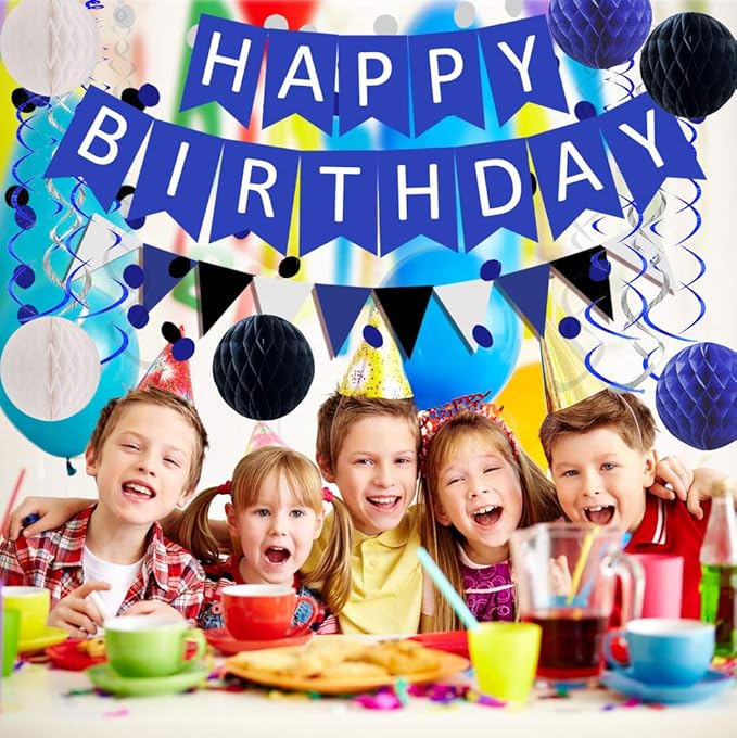 FECEDY Navy Blue White Black Happy Birthday Banner&Cute Flag Bunting Paper - Image 3