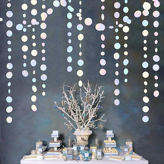 46 Ft White Iridescent Circle Dots Garland Hanging Holographic Polka Dots - Image 3