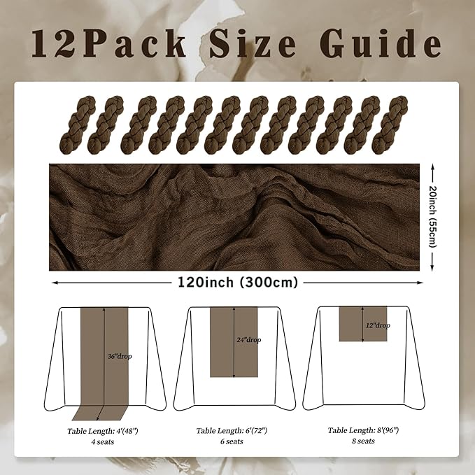 10FT 12 Pack Brown Cheesecloth Table Runner 20 x 120 Inch Long Boho Fabric - Image 2