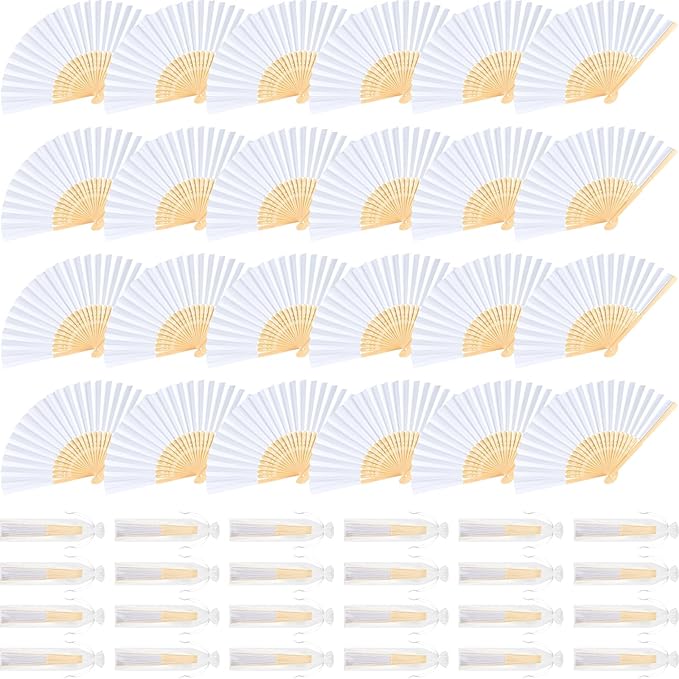 NEBURORA 24Pcs White Handheld Paper Fans 8.3 Inch Hand Held Bamboo Fans Foldable by NEBURORA