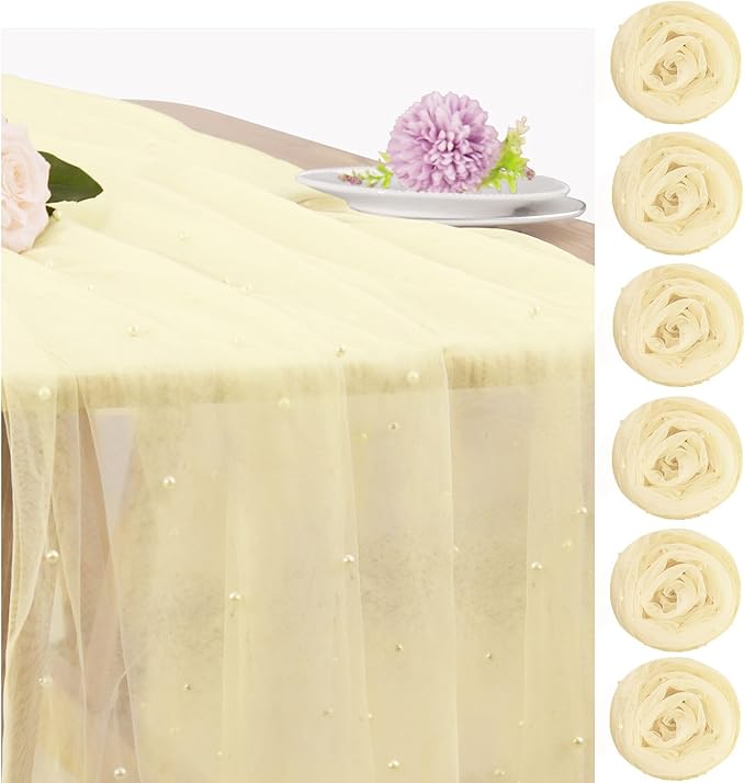 Set of 6 Pearl Table Runner 29 x 120 Inch Tulle Fabric Lace Table Runners Boho by JALANCY