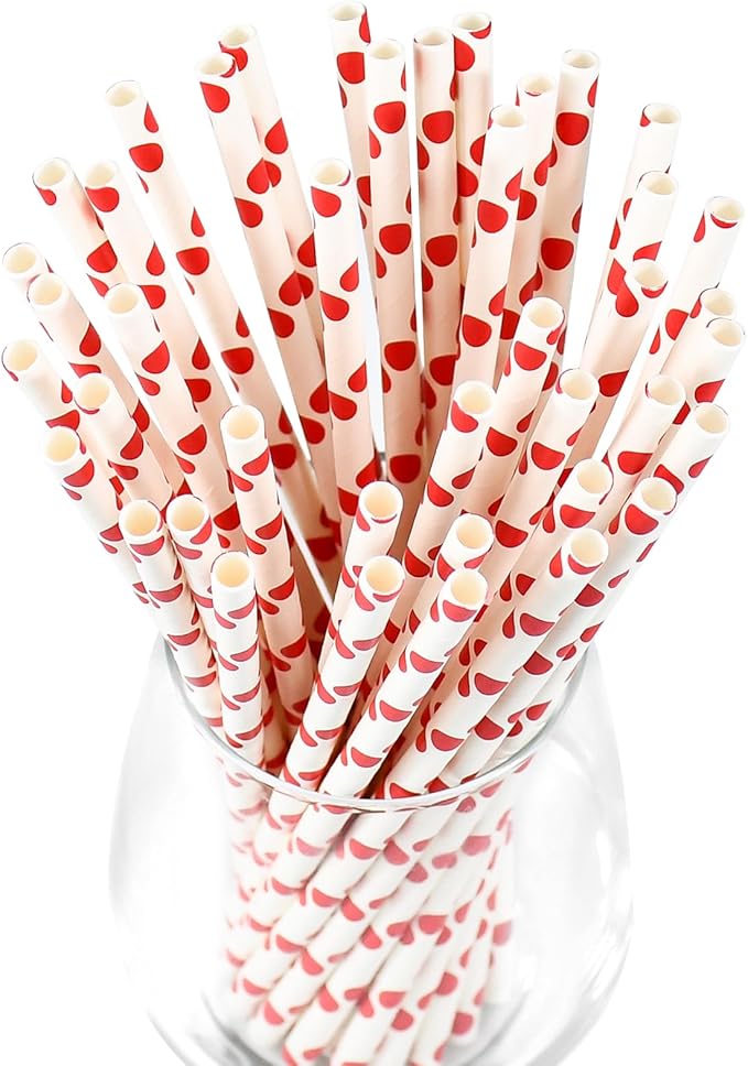 7.75'' x 0.24'' Red Polka Dots Disposable Paper Straws - Image 2