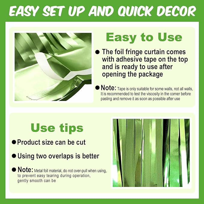 6 Pack Light Green Foil Fringe Curtains Backdrop, 3.28 x 8.2 Ft Metallic - Image 3