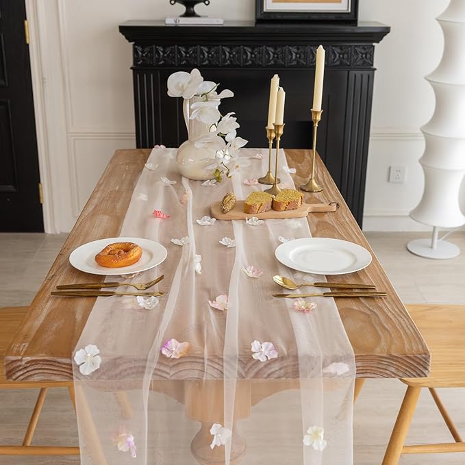 Romantic Artificial Floral Table Runner 10ft Gauze Tulle Lace Table Runner Set - Image 6