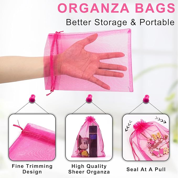 ANZNKU 50 Pack Hot Pink Organza Bags 6x9 inches, Jewelry Pouches Drawstring - Image 3