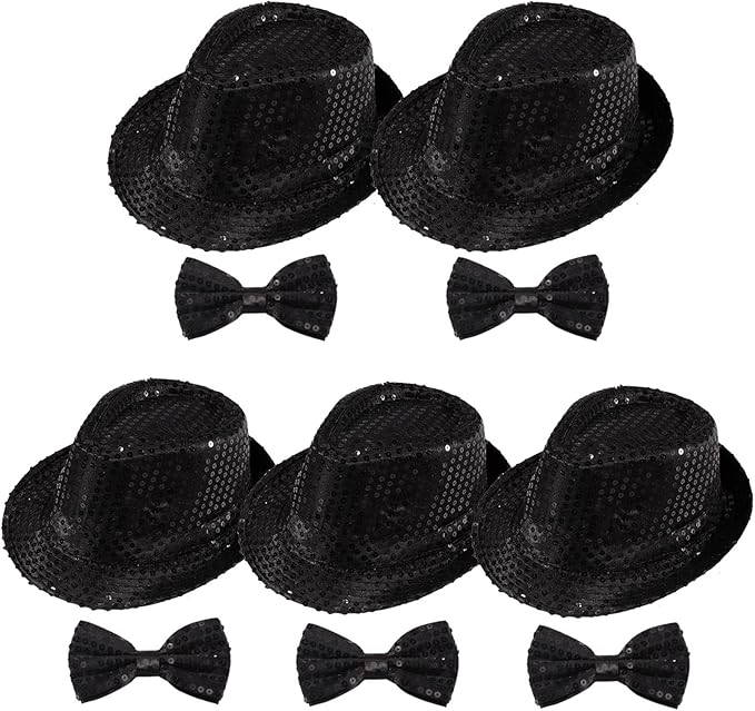 10 Pcs Unisex Sequin Fedora Hat Sequin Bow Ties Set Bling Retro Dance Jazz Cap by Elfcool