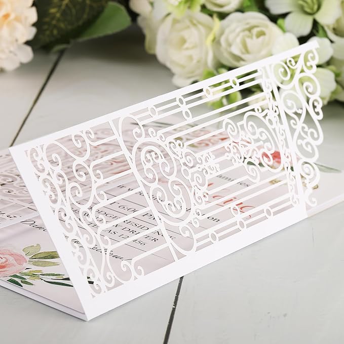 50Pcs White Laser Cut Invitations Fence Wedding Invitations Pocket - Image 5