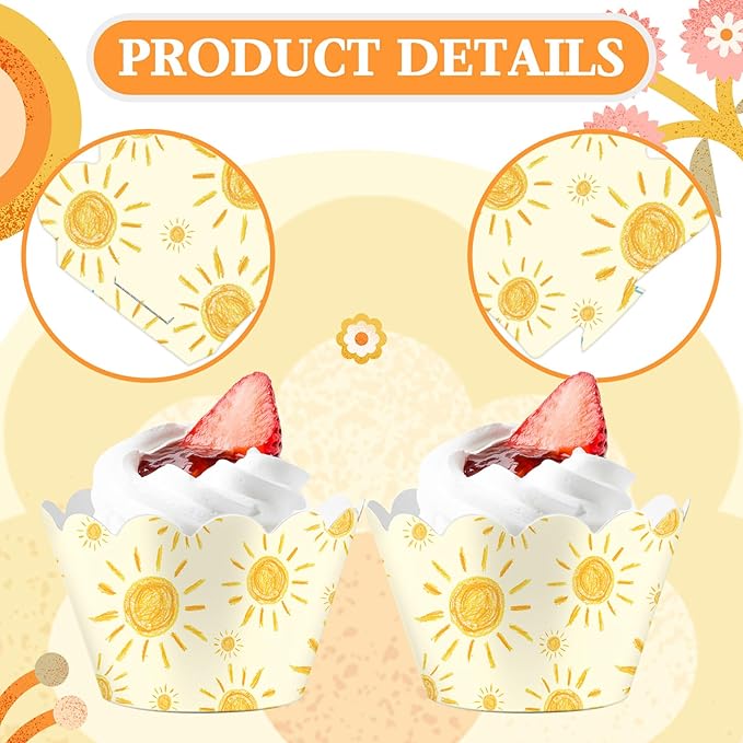 Domensi 100 Pcs Bohemian Sun Cupcake Wrappers Rustic Yellow Sunshine Cupcake - Image 4
