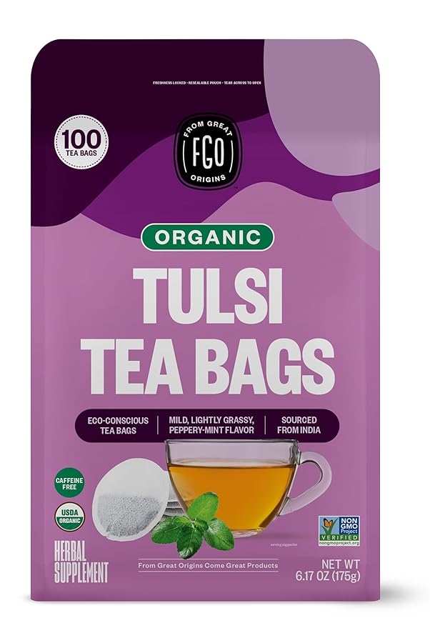 FGO Organic Tulsi Holy Basil Tea, Eco-Conscious Herbal Tea Bags, Resealable Bag by FGO