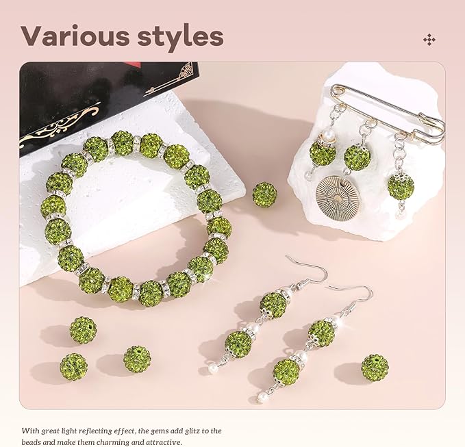 160pcs 10mm Rhinestone Beads for Jewelry Making, Olivine Shiny Round Disco Ball - Image 2