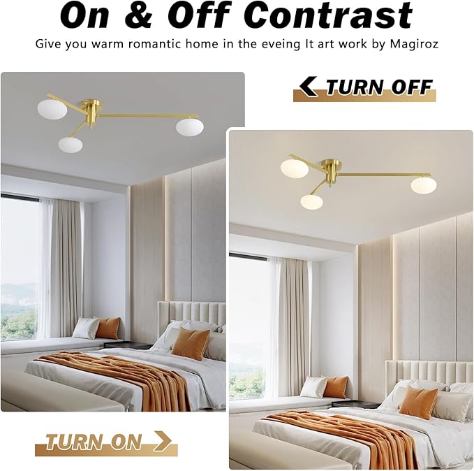 3-Light Gold Semi Flush Mount Ceiling Light, Modern Sputnik Chandelier - Image 2