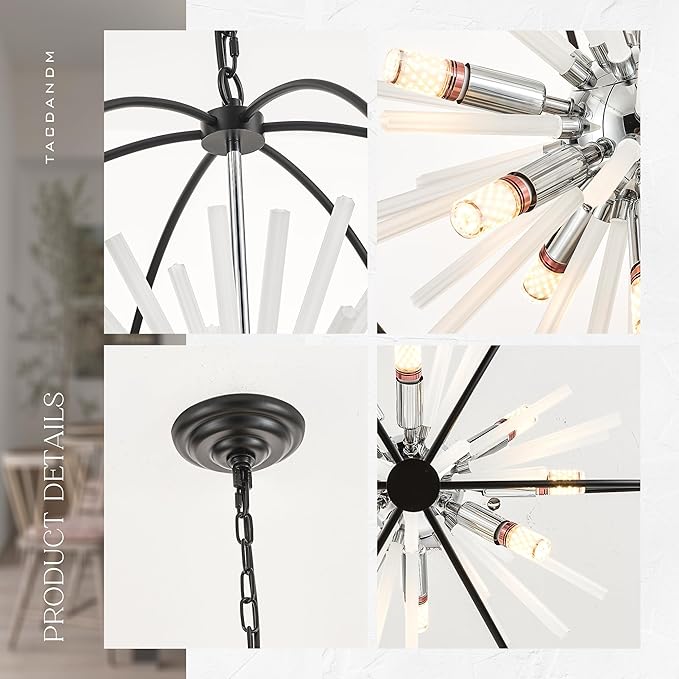 23.6" Black Chrome 12-Light Globe Sputnik Chandelier Modern Adjustable Hanging - Image 2
