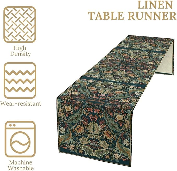 Green Morris Floral Table Runner, Boho Rustic Country Farmhouse Teal Red Rose - Image 5