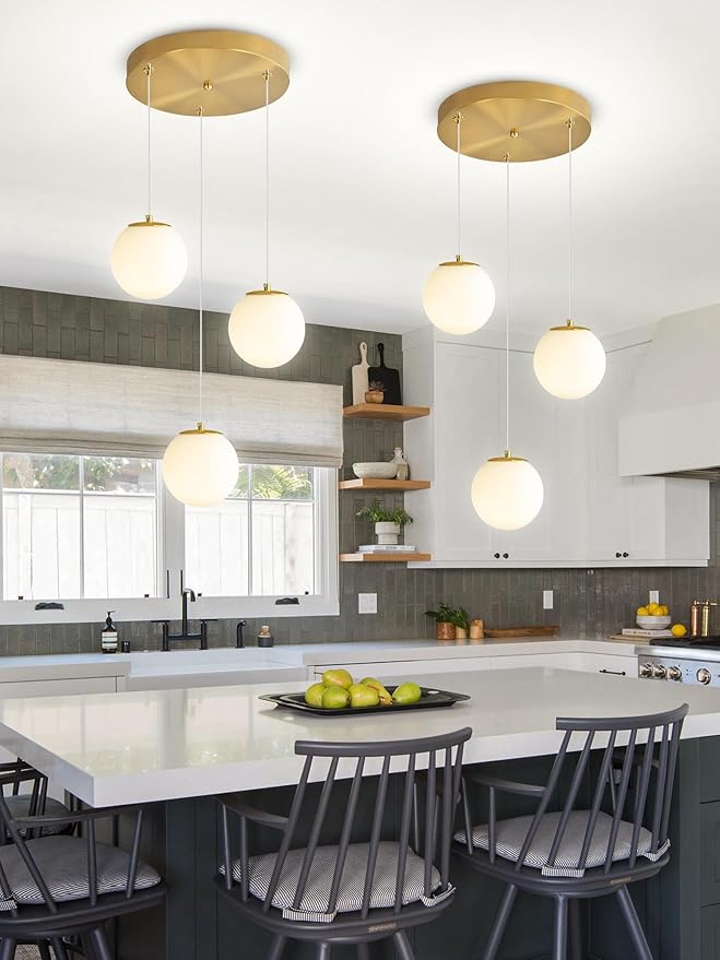 3-Lights Globe Glass Pendant Light Modern Gold White Globe Glass Chandelier Mid by ShialLighting