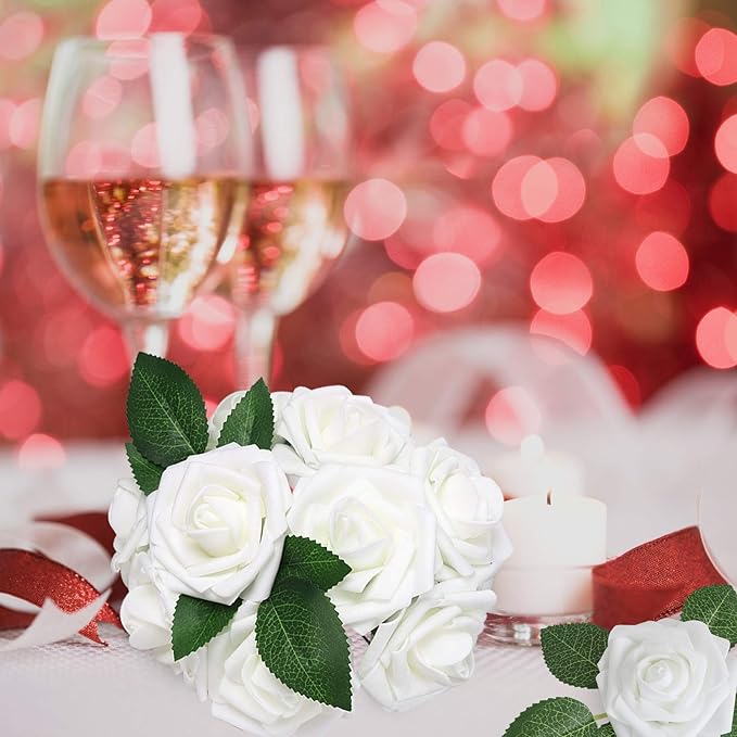 AmyHomie Artificial Flowers White Rose 100pcs Real Looking Fake Roses w/Stem - Image 6