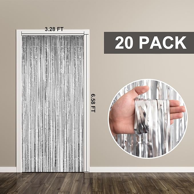 20 Pack Foil Curtain Backdrop Silver Metallic Tinsel Foil Fringe Curtains Photo - Image 7