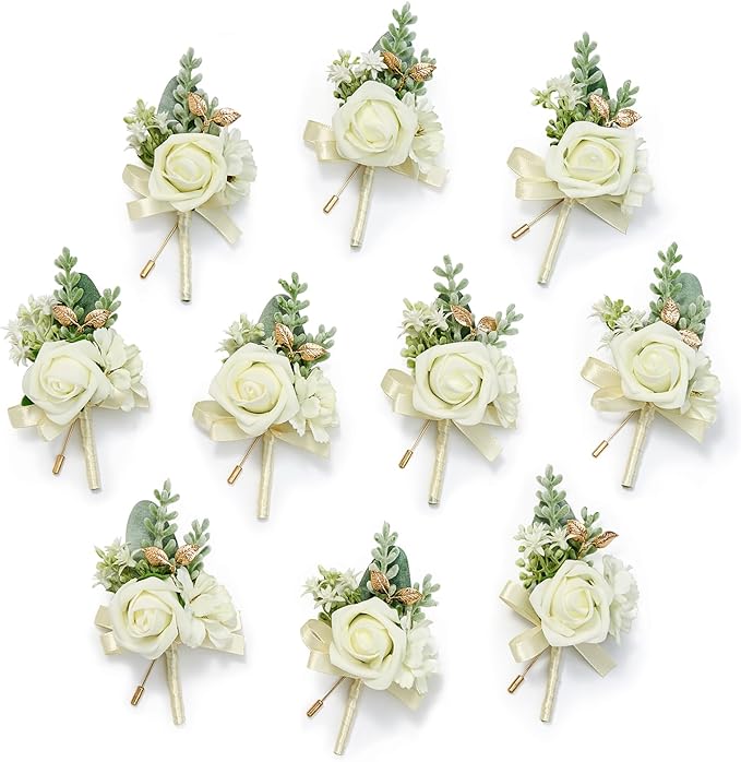 Serwalin 10Pcs Boutonniere for Men, Artificial Flowers for Wedding by Serwalin