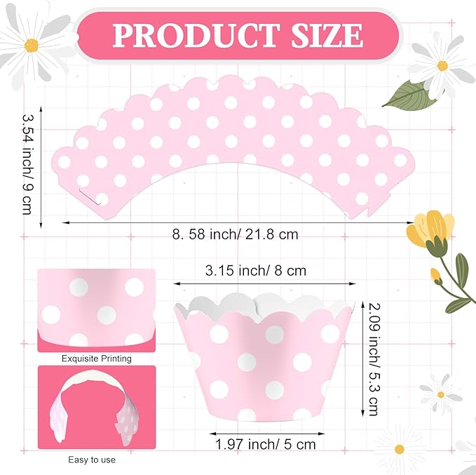 Domensi 100 Pcs Pink Polka Dots Cupcake Wrappers Rustic Cupcake Liners Baking - Image 3