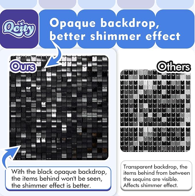 Qcity Black Shimmer Wall Backdrop 24PCS, Square Sequin Glitter Backdrop Panel - Image 9