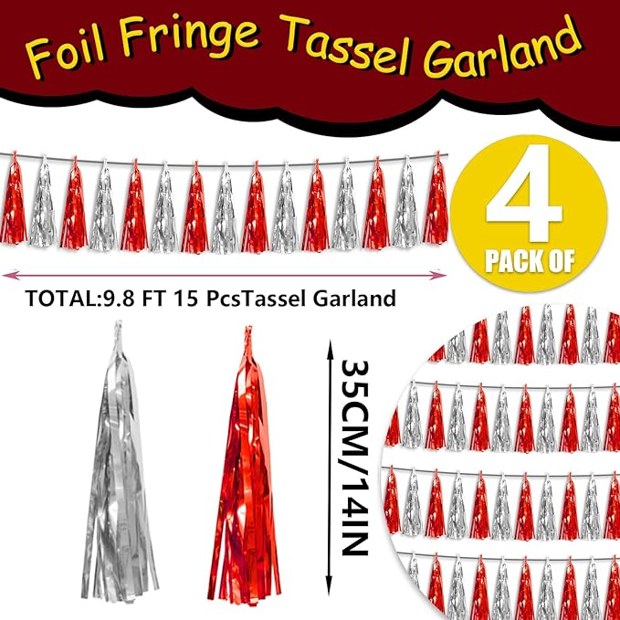 4P Red Silver Foil Fringe Metallic Tassel Streamers Banner Tassel Garland - Image 2