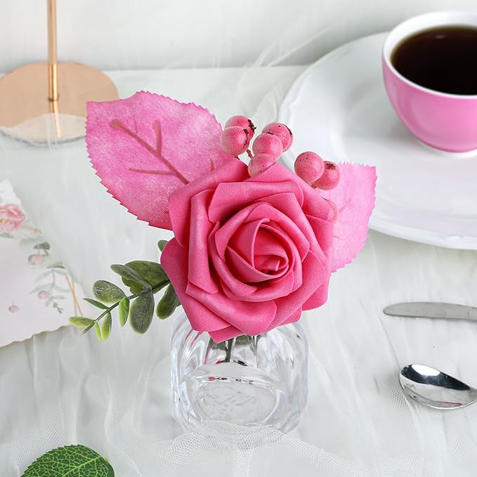 AmyHomie 25pcs Real Looking Artificial Hot Pink Roses w/Stem - Image 5